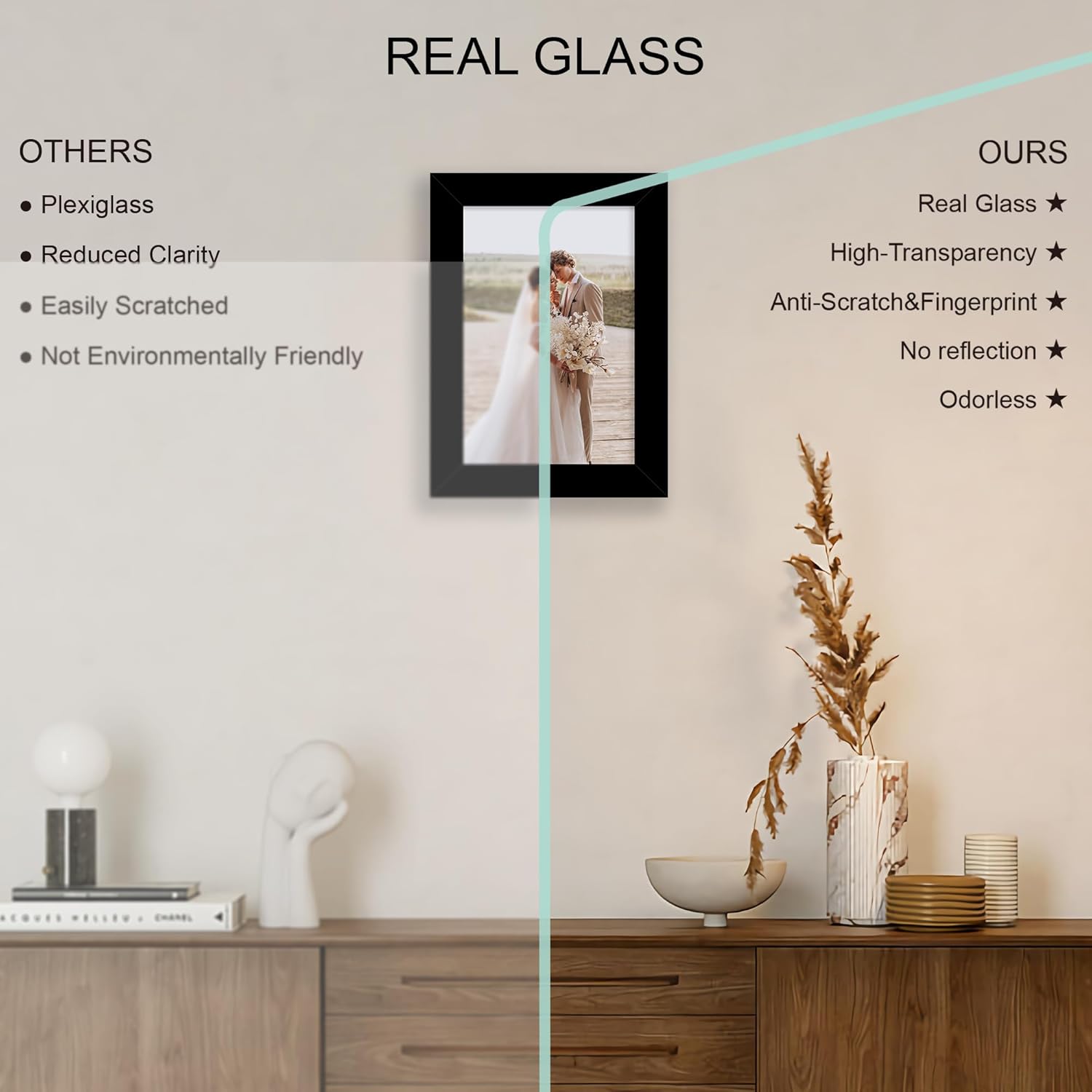5.5x8.5 Picture Frame Set of 4, Made of Real Glass and Black Frame, 5.5 by 8.5 Photo for Wall or Tabletop