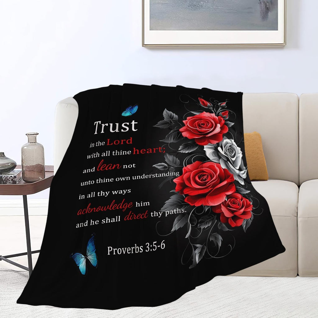 Christian Blanket Bible Verse Throw Blanket Red Rose Inspirational Religious Spiritual Gifts for Girls Boys Kids Adults Women Men Soft Cozy Plush Fluffy Fuzzy Fleece Blanket Decor 60''X80''