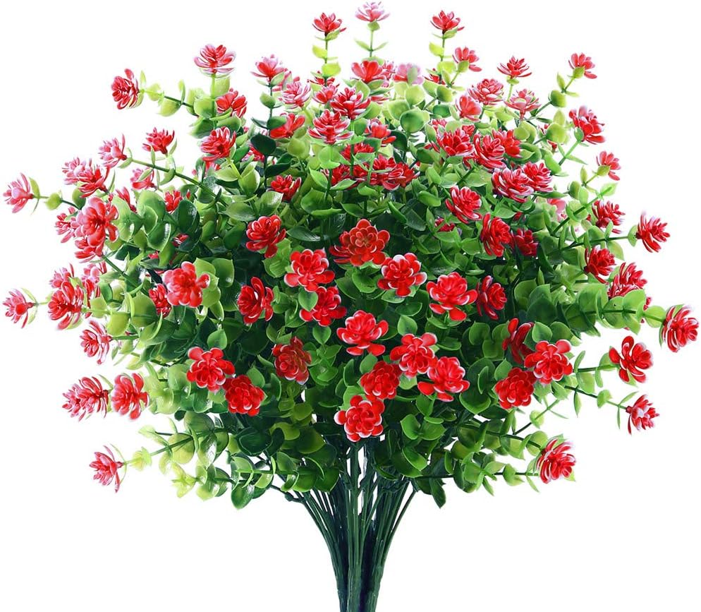 GREENRAIN Artificial Flowers Outdoor Fake Flowers for Decoration UV Resistant No Fade Faux Plastic Plants Garden Porch Window Box Décor (6 Bundles, 6#Red)