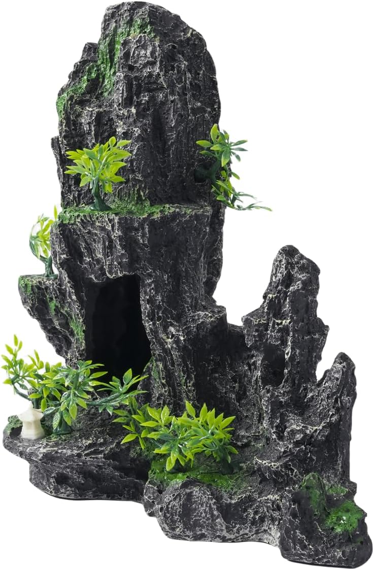 Large Fish Tank Decorations - Mountain View Aquarium Ornament with Tree House Cave Bridge,Resin, 10.24x9.45x5.12 inches, C