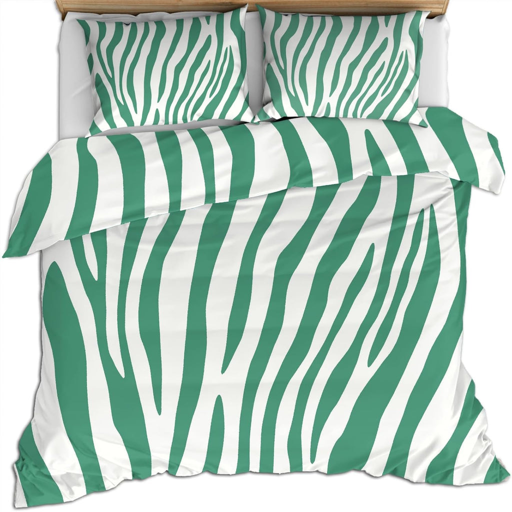 Mint Green Zebra Duvet Cover King Size, Waterproof Lines Bedding Set 3 Piece Bedroom Decor Zebra Stripe Comforter Cover and 2 Pillow Sham with Zipper Closure