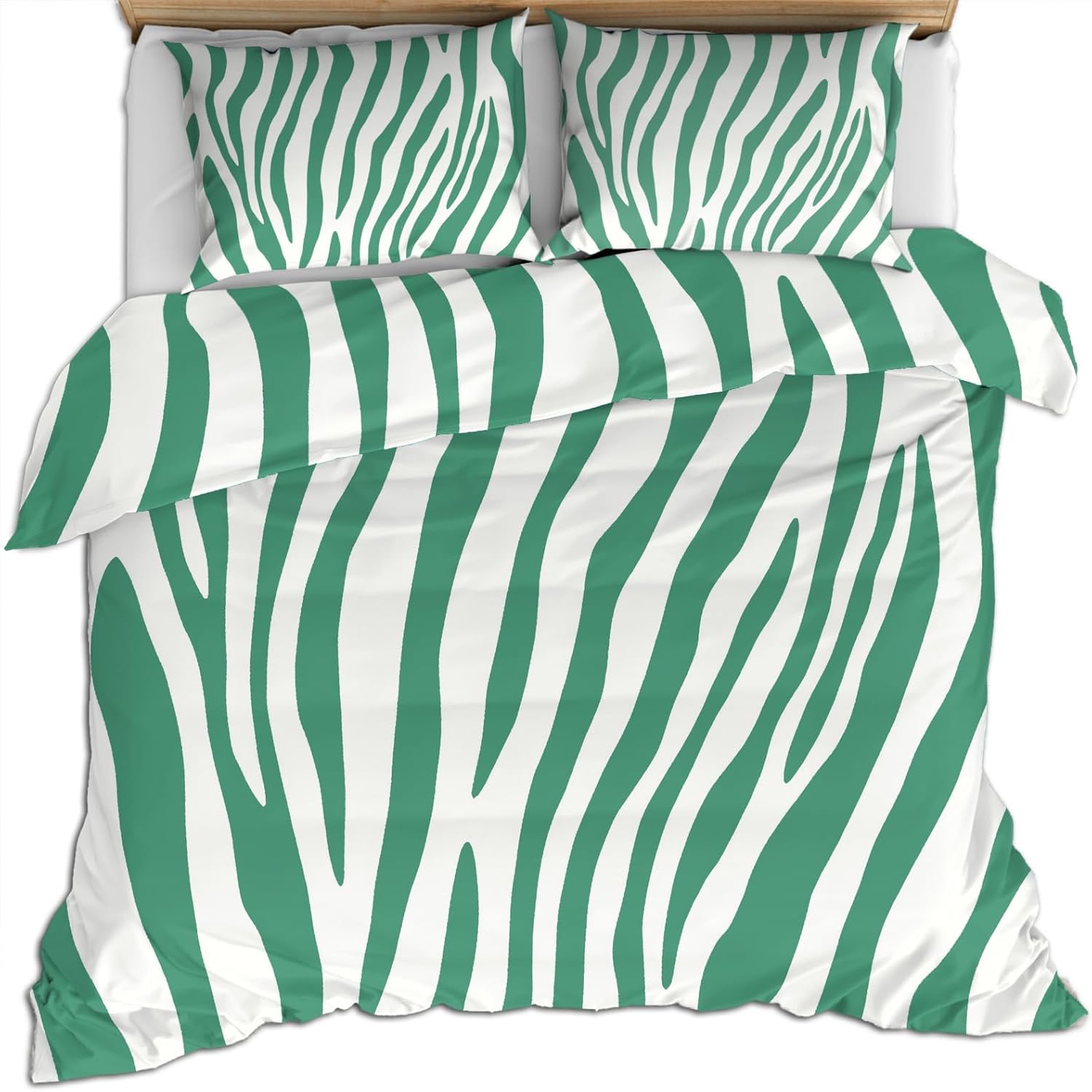 Mint Green Zebra Duvet Cover Oversized King, Waterproof Lines Bedding Set 3 Piece Bedroom Decor Zebra Stripe Comforter Cover and 2 Pillow Sham with Zipper Closure