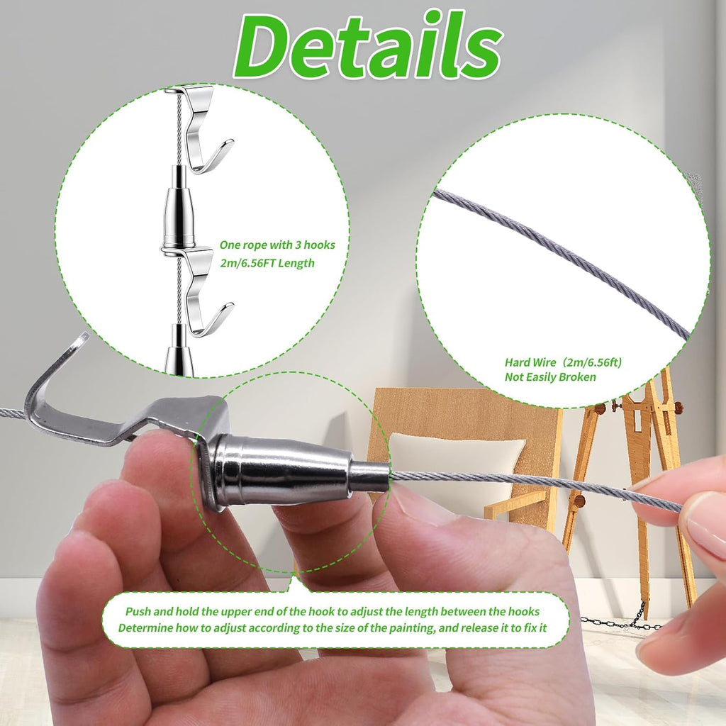 8PCS Adjustable Picture Hanging Wire Kit(6.56FT, 3 Hooks) Picture Rail Hanging System Sturdy Gallery Display Rail Rope with 3 Hooks for Exhibition Art Gallery Frames Display