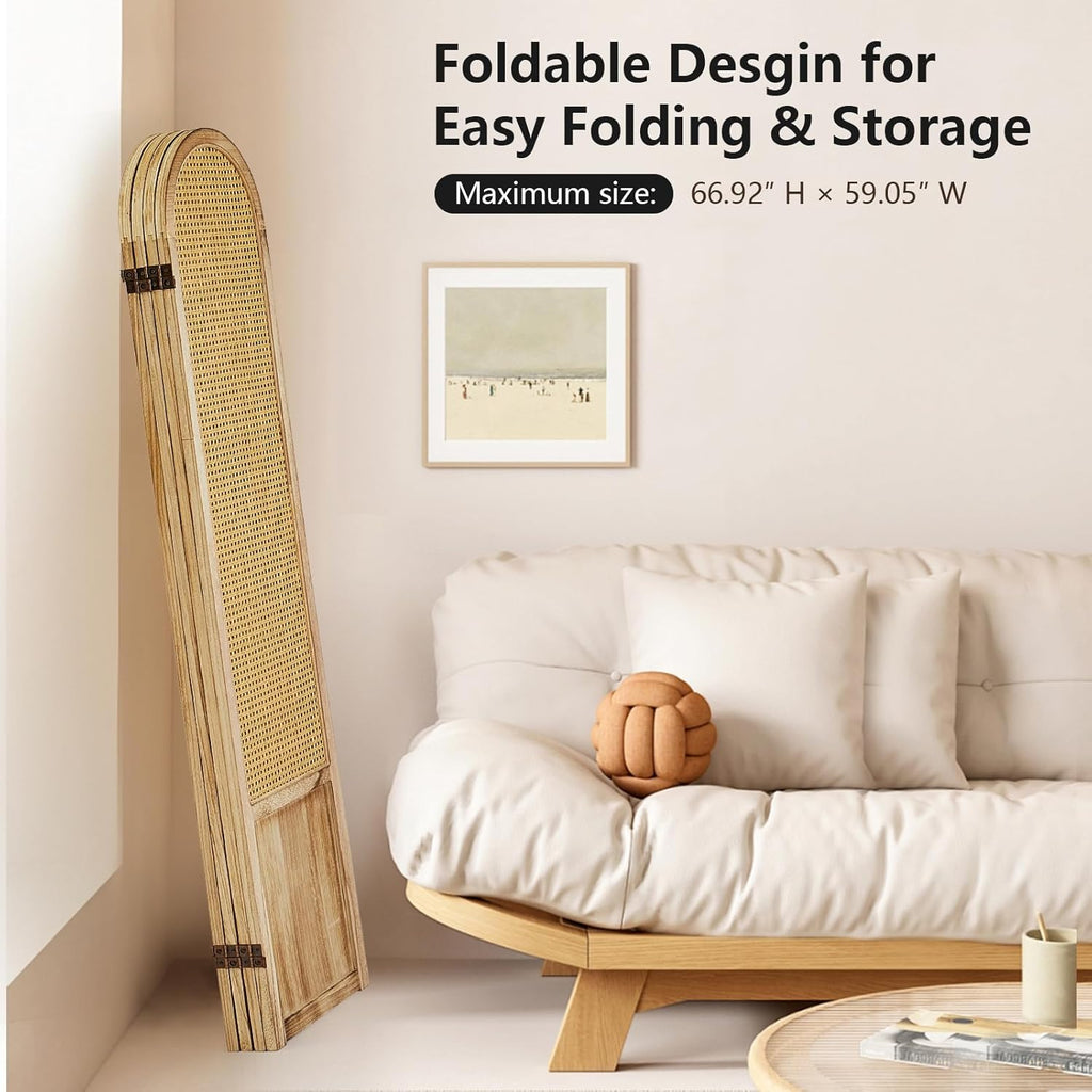 Room Divider 4 Panel, Folding Privacy Screen, Foldable Wood Divider Room Dec, Rattan Room Divider, Portable Partition Screen, Wall Divider for Room Separation Bedroom Home Office (Natural)