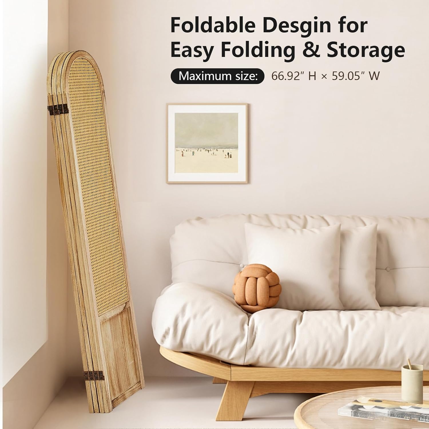 Room Divider 4 Panel, Folding Privacy Screen, Foldable Wood Divider Room Dec, Rattan Room Divider, Portable Partition Screen, Wall Divider for Room Separation Bedroom Home Office (Natural)
