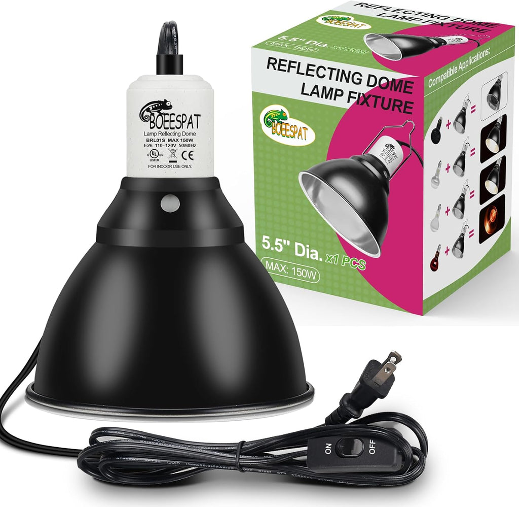 Reptile Lamp Bulb Fixture 5.5 Inch Deep Dome with Switch - Ideal for 60W/75W/100W/150W Heat Lamp Bulbs, Compatible with All E26 UVA/UVB/Basking Heat Bulbs, Supports Up to 150 Watts