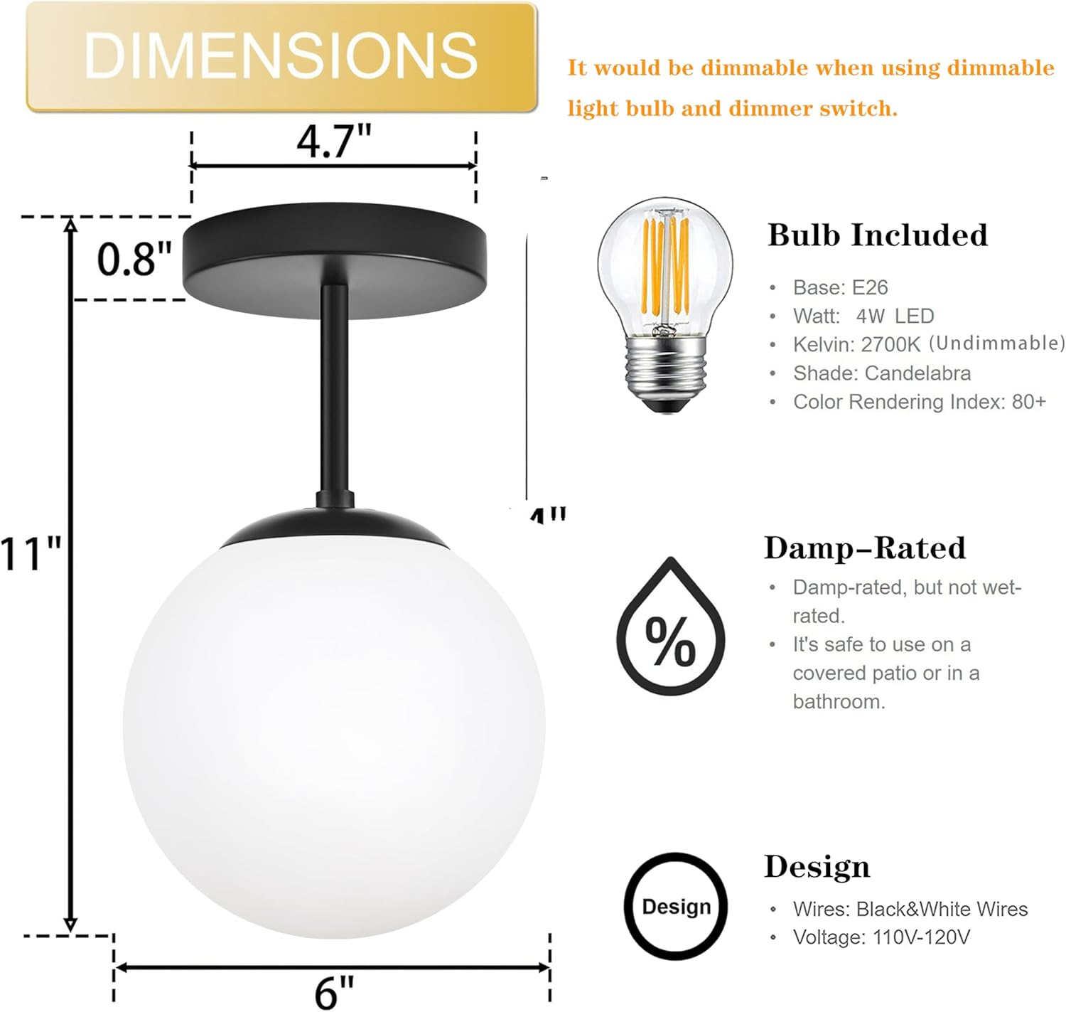 Mid Century Modern Globe Semi Flush Mount Ceiling Light Fixture Frosted Glass with Black Finish1-Light Globe Glass Ceiling Lights for Aisle Porch Stairway Closet Kitchen Laundry Room (Bulb Incl.)