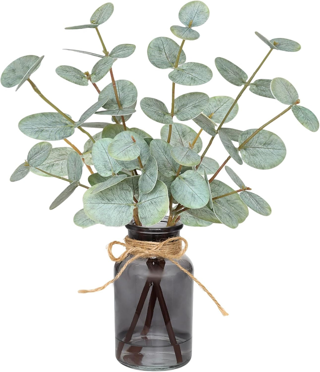 Artificial Eucalyptus Stems in Vase with Faux Water,Fake Plants for Bathroom,Coffee Table,Green Leaves for Centerpiece,Faux Greenery Plants Decorations.(Green-Black Bottle)