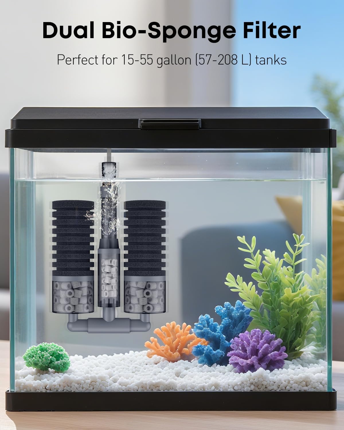 Pawfly Aquarium Sponge Filter, Fish Tank Filter, Submersible Small Aquarium Filter with Double Foams & Ceramic Rings, Quiet Bio Sponge Filter for 15-55 Gallon Tanks