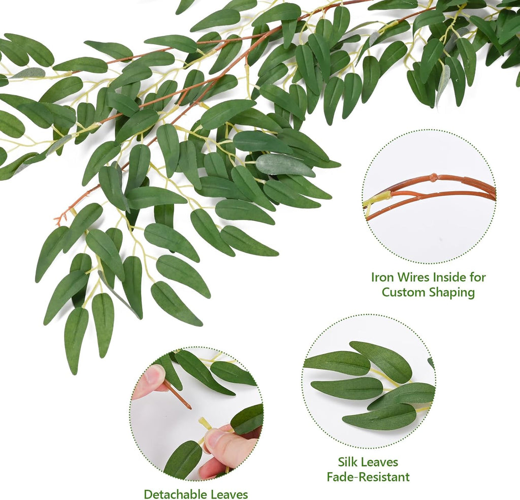 2PCS 5.7FT Fake Willow Leaves Vines Twigs, Artificial Hanging Italian Ruscus Greenery Garland Leaves, Faux Ivy Vines Willow Branches Plant Fern Garlands Skil for Indoor Realistic Outdoor Decoration