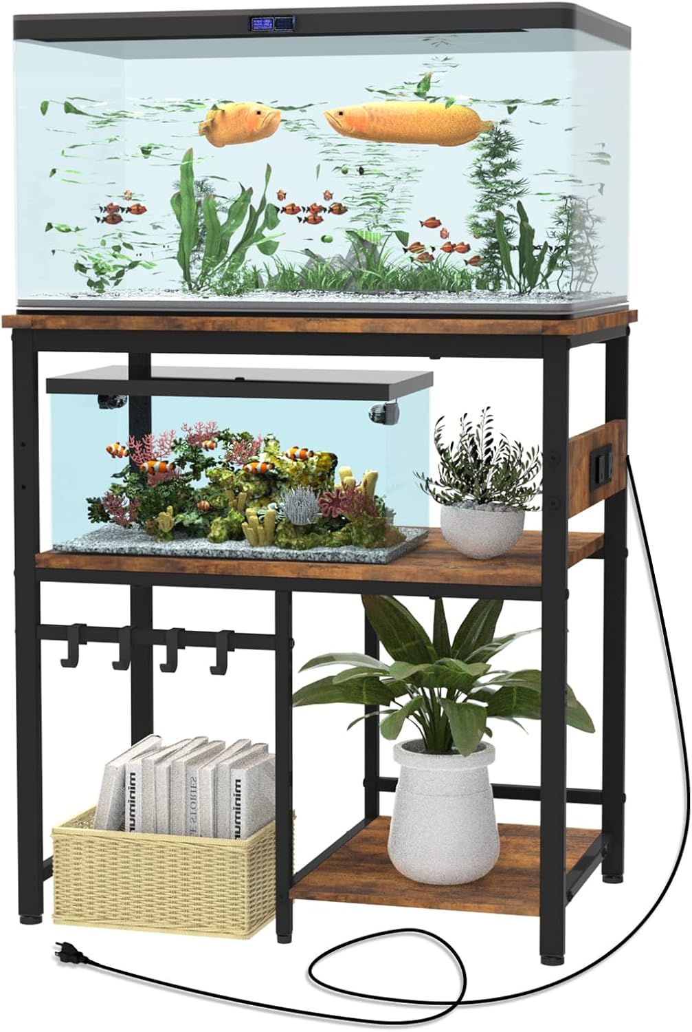 TFK 20-29-37 Gallon Fish Tank Stand, 3-Tier Aquarium Stand with Power Outlet Reptile Tank Stand Heavy Duty Terrarium Stand for Home Office, Brown