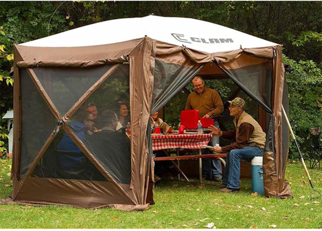 CLAM Pop Up Screen Tent, Large Outdoor Camping Gazebo Canopy, Pavilion, 12.5', Brown - Foldable and Portable Screened Shelter with Netting for Beach, Patio, and Backyard