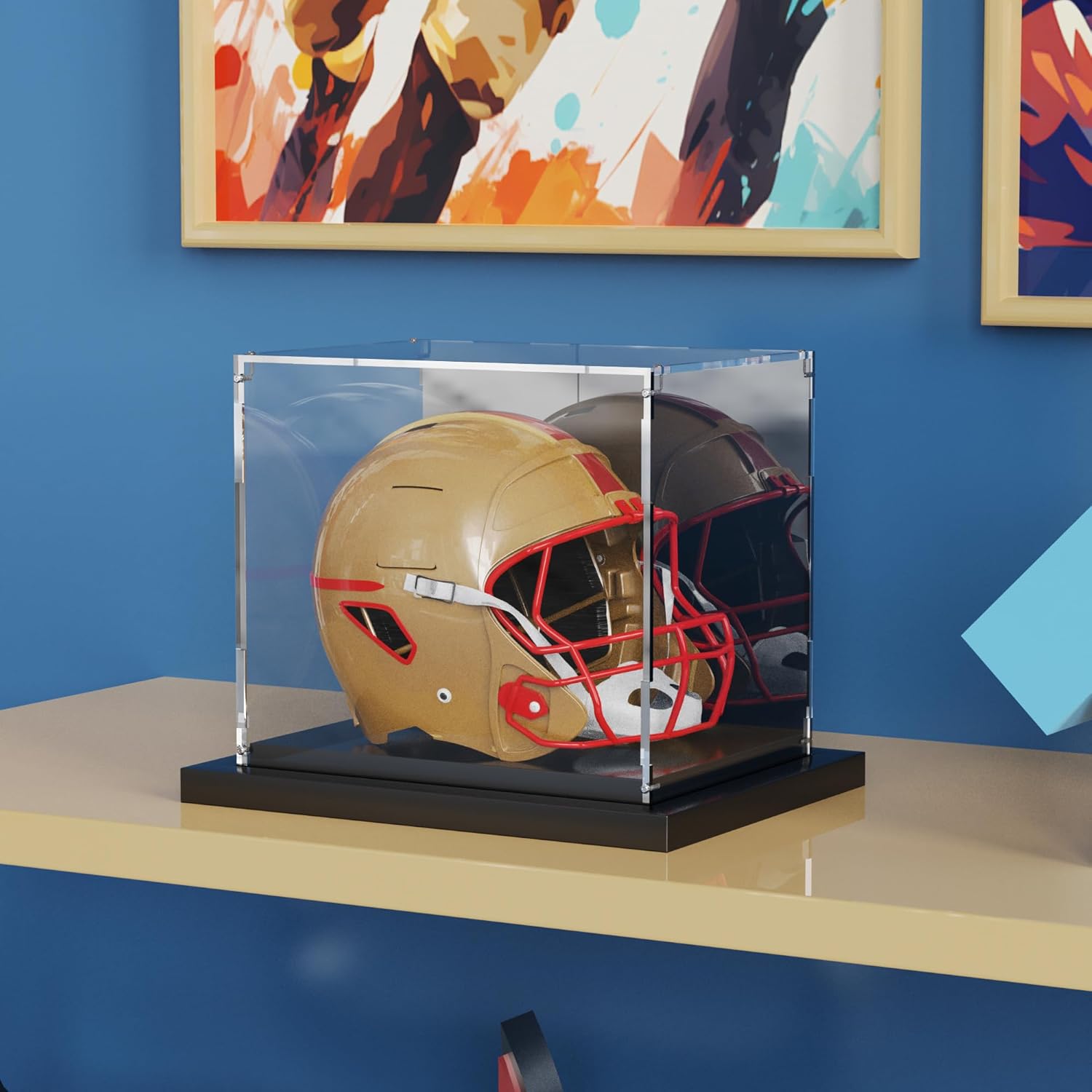 Putros Mini Helmet Display Case with Mirror and Black Metal Grooved Base Clear Acrylic Mini Football Helmet Showcase for Memorabilia Sports Collectibles