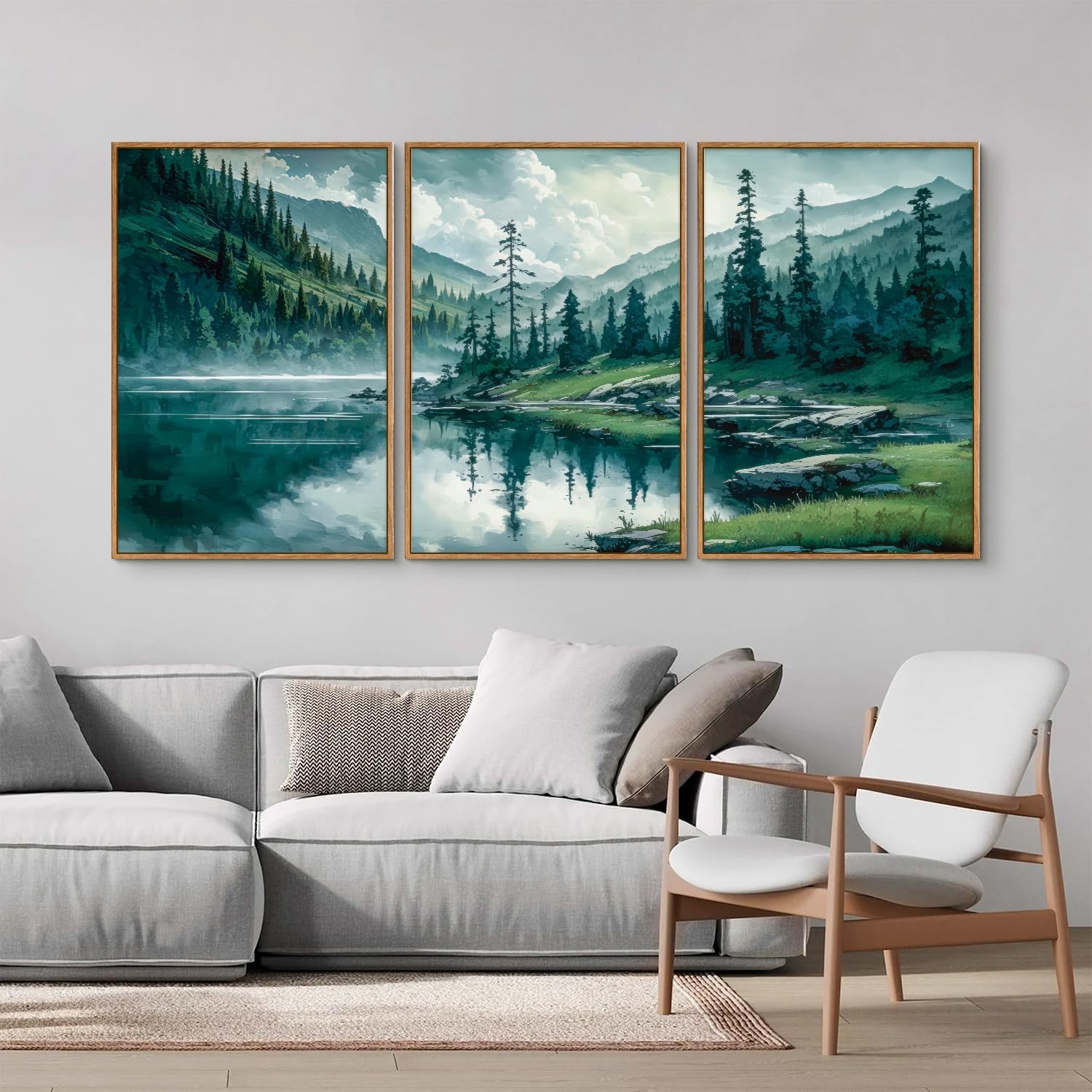 Tinonedraw Large Nature Forest Framed Canvas Wall Art Set, Boho Mountains Calming Lake Wall Decor, Green Pine Trees Artwork, Northern Wilderness Art Painting for Living Room Bedroom Office 24"x36"x3