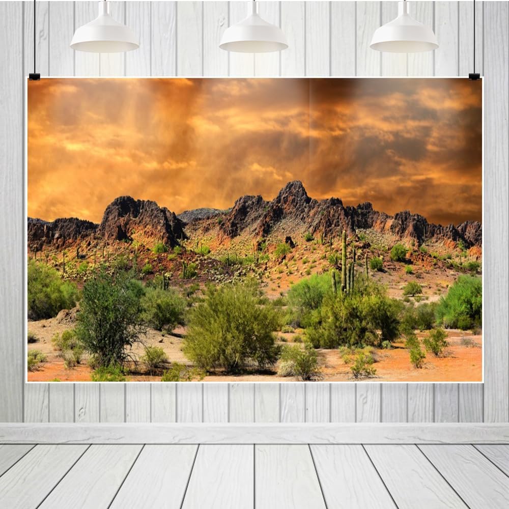 Laeacco 8x6ft Dusk Desolate Desert Backdrop Weathered Mountains Scenic Backdrop Natural Scenery Sunset Glow Cactuses Wedding Photo Studio Stage Perfomance Prop Hiking Camping Pictures Background