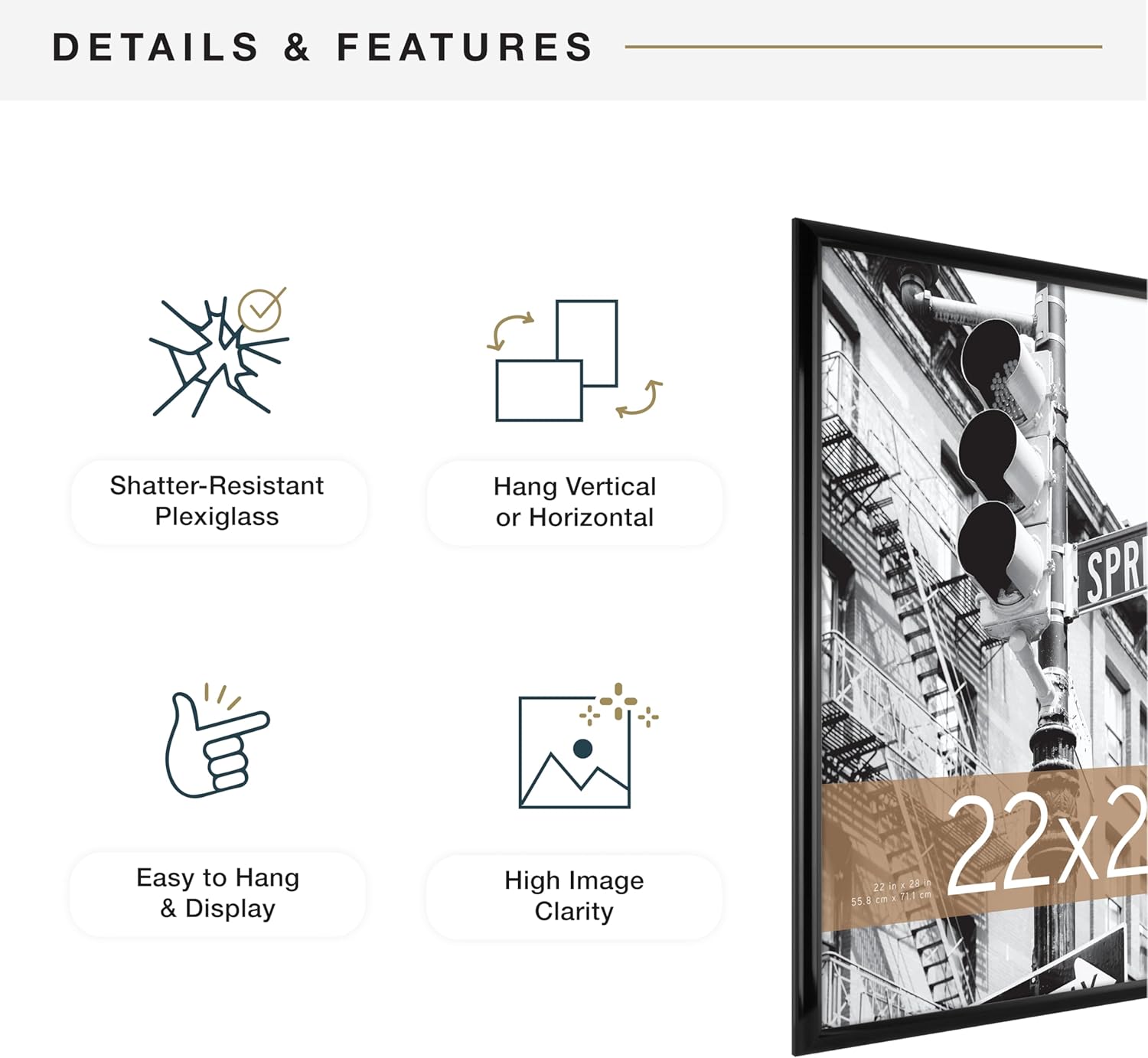 MCS Trendsetter 22x28 Poster Frame Black High-Gloss, Vertical & Horizontal Wall Hanging Large Picture Frame for Photos, Posters & Art Prints (1-Pack)
