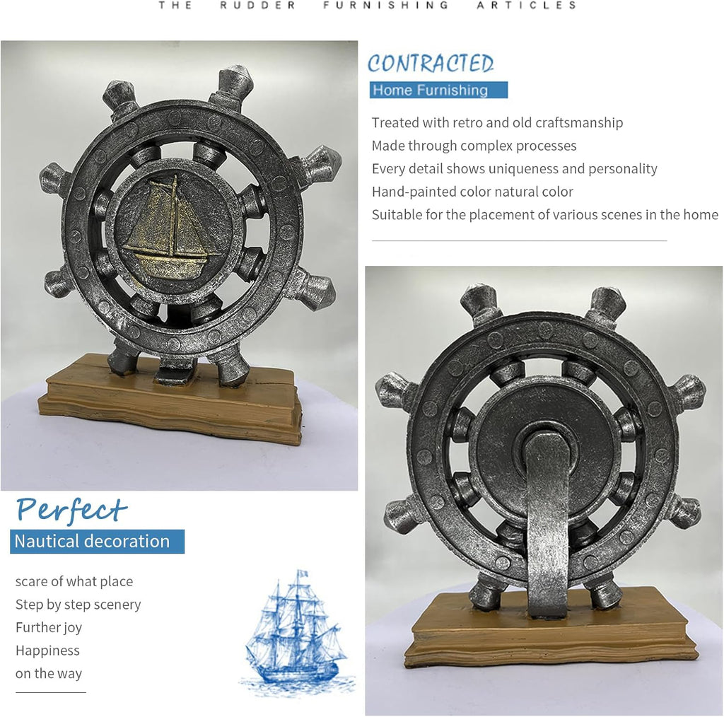 Ship Wheel Decor Rudder Sculpture - Mediterranean Style Khaki Nautical Boat Steering Model Pirate Boat Resin Handicraft Statue for Bookshelf Desktop Home Decoration