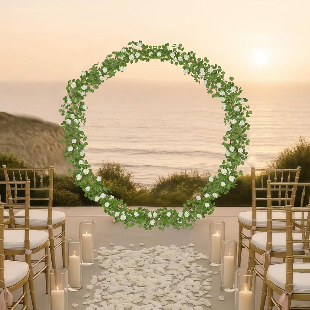 Artificial Roses Vines Flowers Garland Hanging Silk Rose Vine Floral Garland White UV Resistant Realistic Faux Hanging Flowers Plants Fake Ivy Vines for Outdoor Porch Outside Decor Patio Yard
