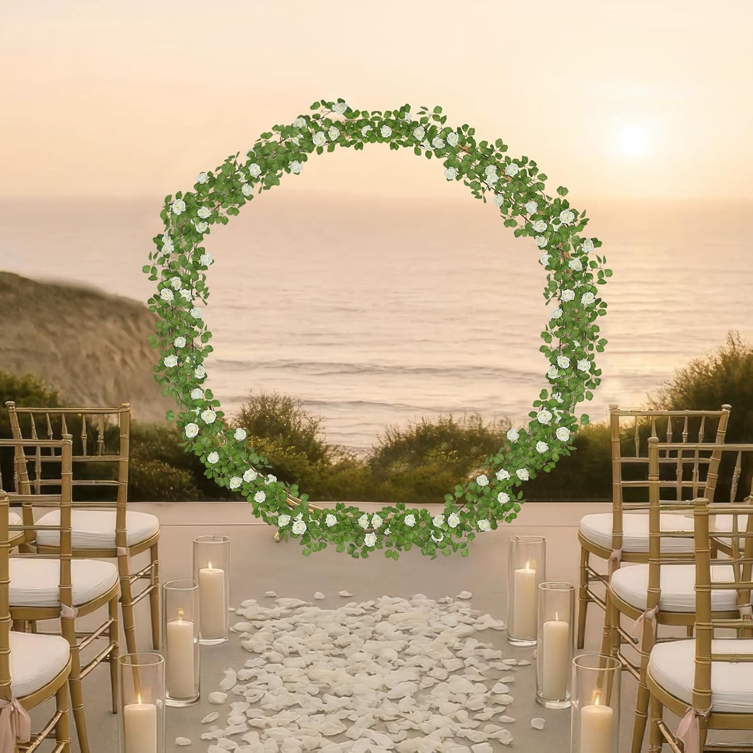 Artificial Roses Vines Flowers Garland Hanging Silk Rose Vine Floral Garland White UV Resistant Realistic Faux Hanging Flowers Plants Fake Ivy Vines for Outdoor Porch Outside Decor Patio Yard