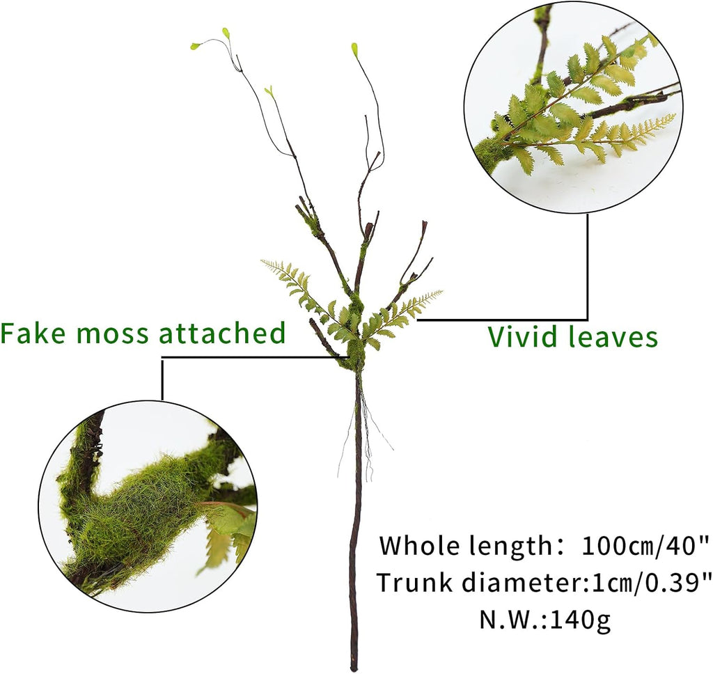 2Pcs 100cm/39in Artificial Cherry Blossom Trees Branches Natural Garland Wood Twigs Bendable Vine Trunk Silk Plants with Moss for Wall Hanging Photo Home Room Garden Reptile Decoration