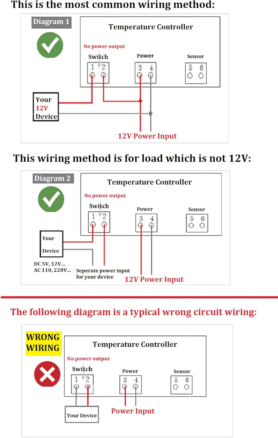 bayite DC 12V Fahrenheit Digital Temperature Controller 10A 1 Relay with NTC 10K Sensor