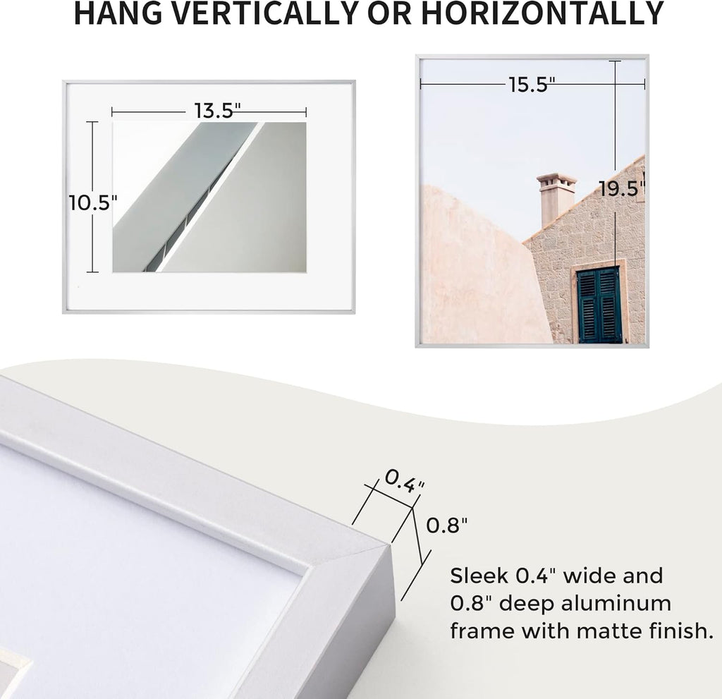 16x20 Metal Picture Frame with 11x14 Mat, Brushed Aluminum Finish, Tempered Glass Front, and Attached Hanging Hardware - Versatile Wall Display Frames for Vertical or Horizontal Orientation(Silver, Pack of 3)