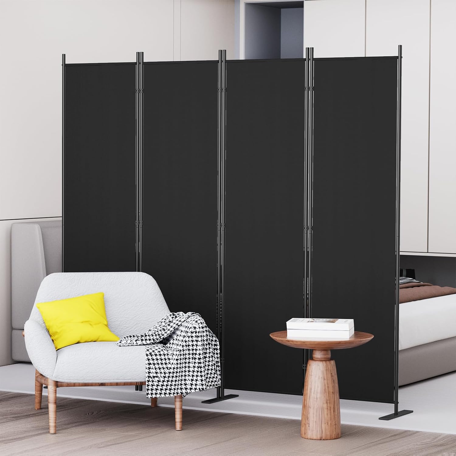 C-Hopetree 4 Panels Room Divider, 6 Ft Tall Indoor Folding Privacy Screen, Portable Partition Separator, Freestanding Separation Temporary Wall for Office, Bedroom, 80" W X 71" H, Black