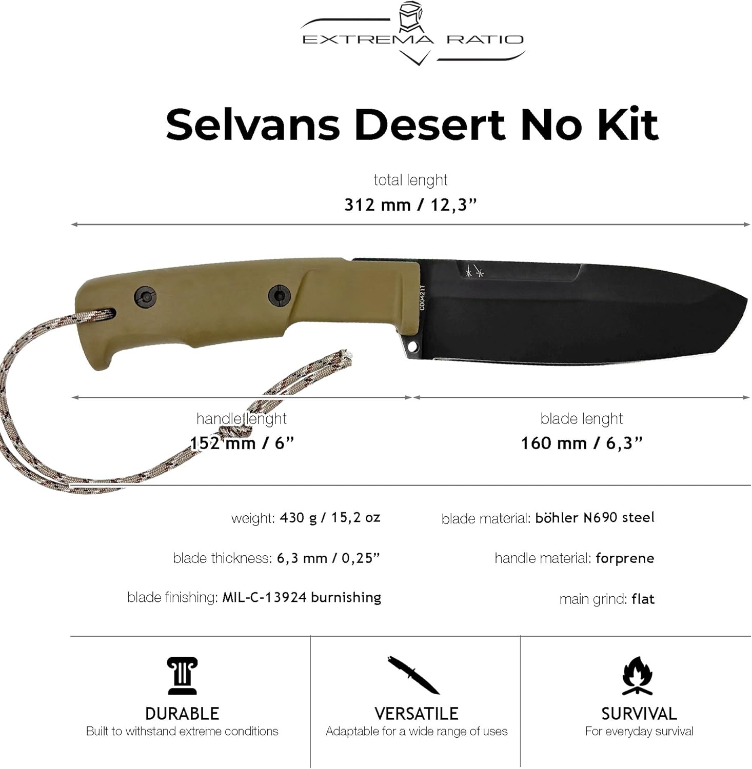 Extrema Ratio - Selvans (Desert) Fixed Blade Knife, Böhler N690 Steel Blade Hardened to 58 HRC, Burnished Finish, Full-Tang Design, Ergonomic Forprene Handle, Precision Handcrafted in Italy, Durable Outdoor Knife
