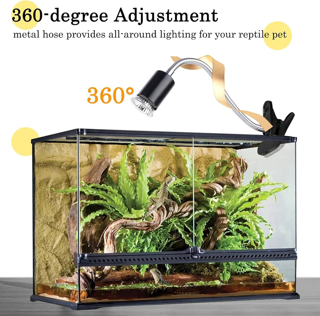 LUCKY HERP Reptile Heat Lamp with Clamp, Aquarium Turtle Tank Basking Light with 360° Rotatable Timing & Dimming and 2 Pack 50W UVA UVB Heat Light Bulb for Turtle Tortoise Lizard