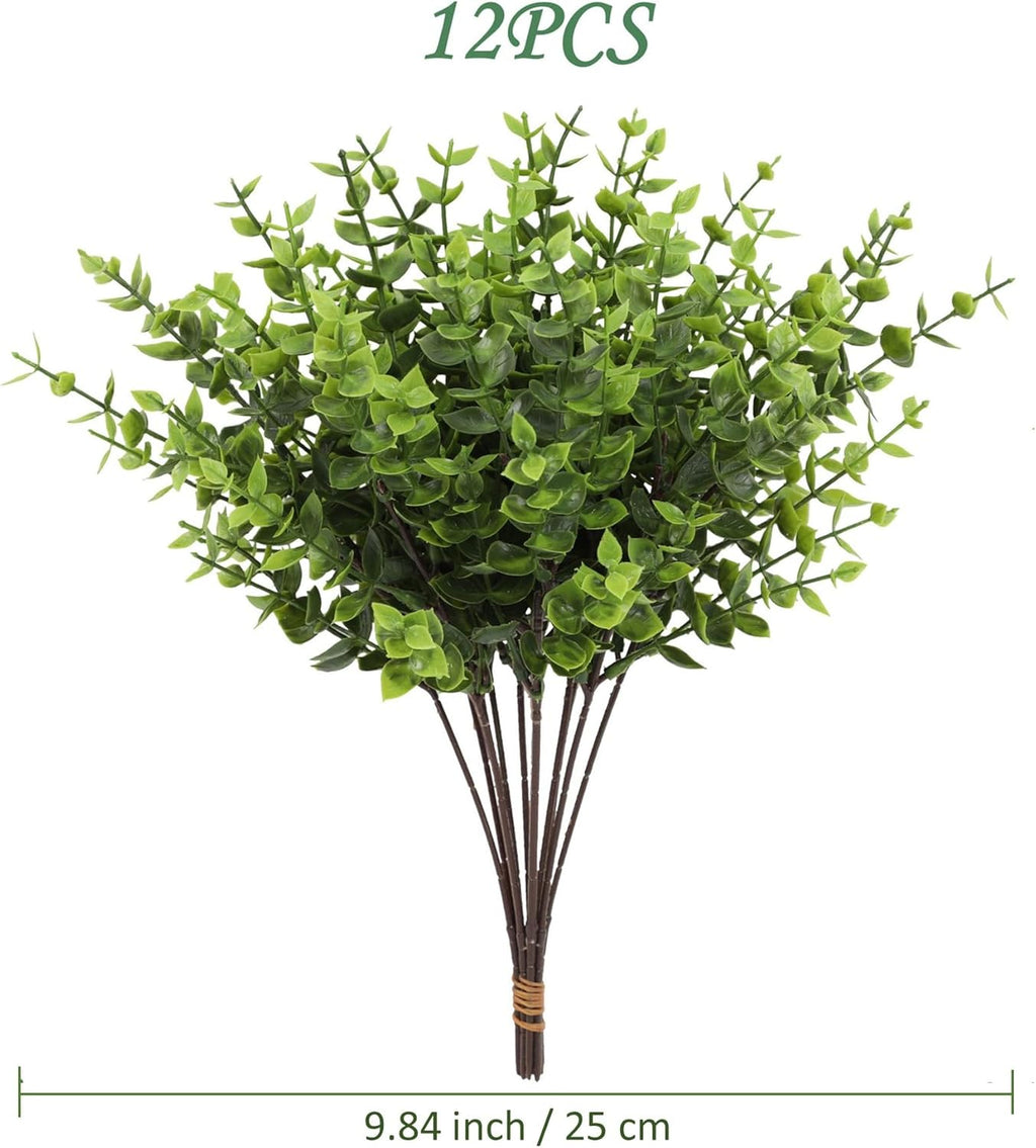 Artificial Eucalyptus Stems Bundle, Green Faux Foliage Plant, 12-inch Single Branch, 12 Pack Fake Plants for Garden Office Patio Wedding Farmhouse Indoor Decoration