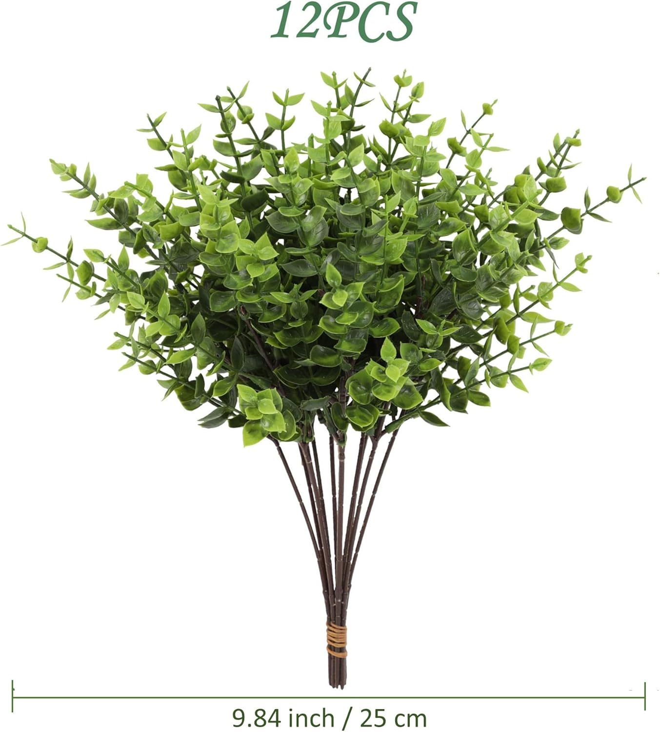 Artificial Eucalyptus Stems Bundle, Green Faux Foliage Plant, 12-inch Single Branch, 12 Pack Fake Plants for Garden Office Patio Wedding Farmhouse Indoor Decoration