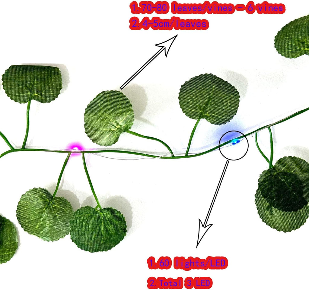 6 Pcs Artificial Hanging Plants Begonia Leaf Vines With 60 Warm Lights, Begonia Vine Leaves, Fake Plant Vine Hanging Garland for Wall, Party Wedding, Home, Kitchen, Indoor and Outdoor Decoration