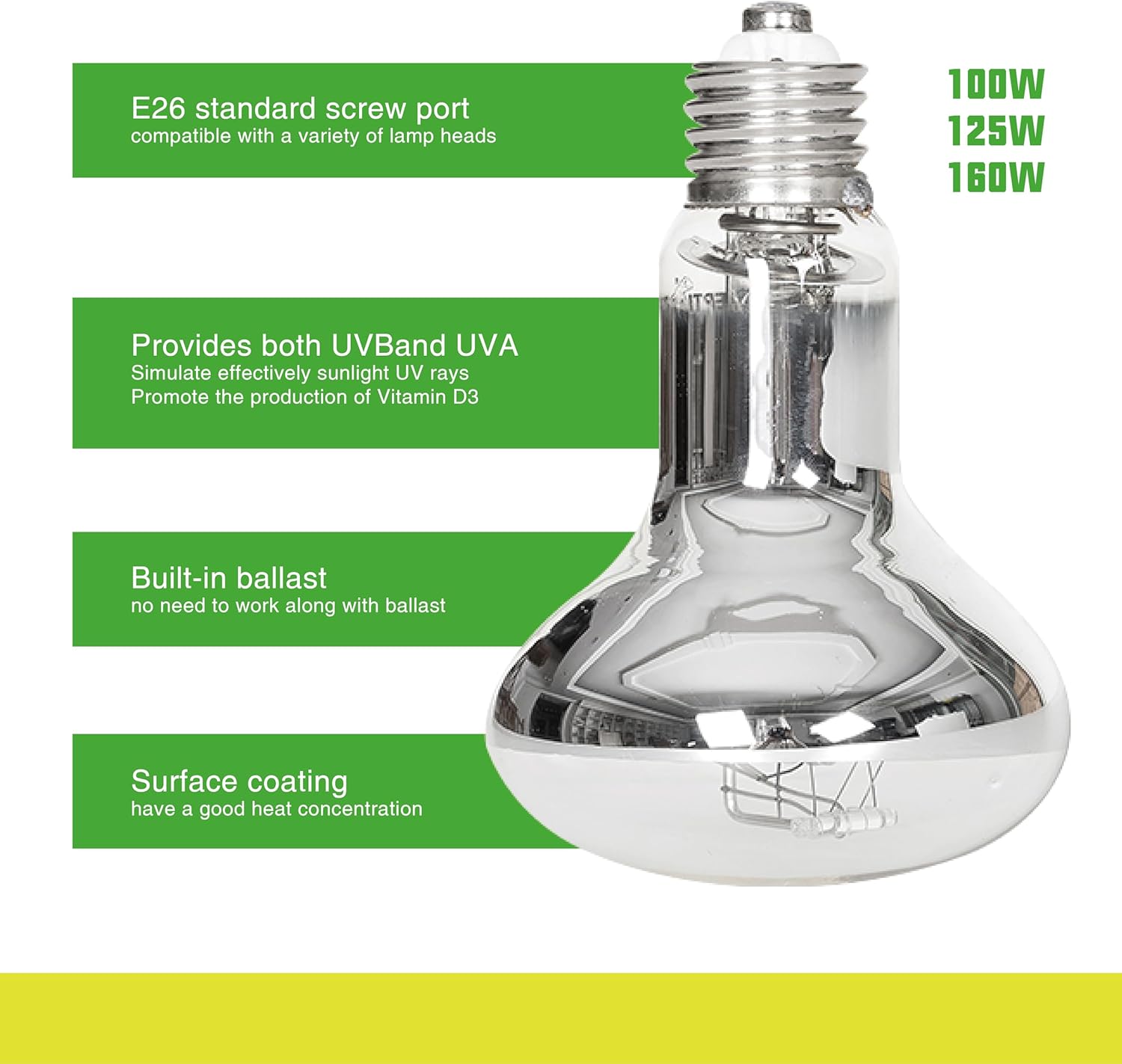 160W Heat UVA UVB Reptile Light, Full Spectrum Self-Ballasted Vapor Basking Sunlight Bulb for Reptile and Amphibian Use E26 2 Pack