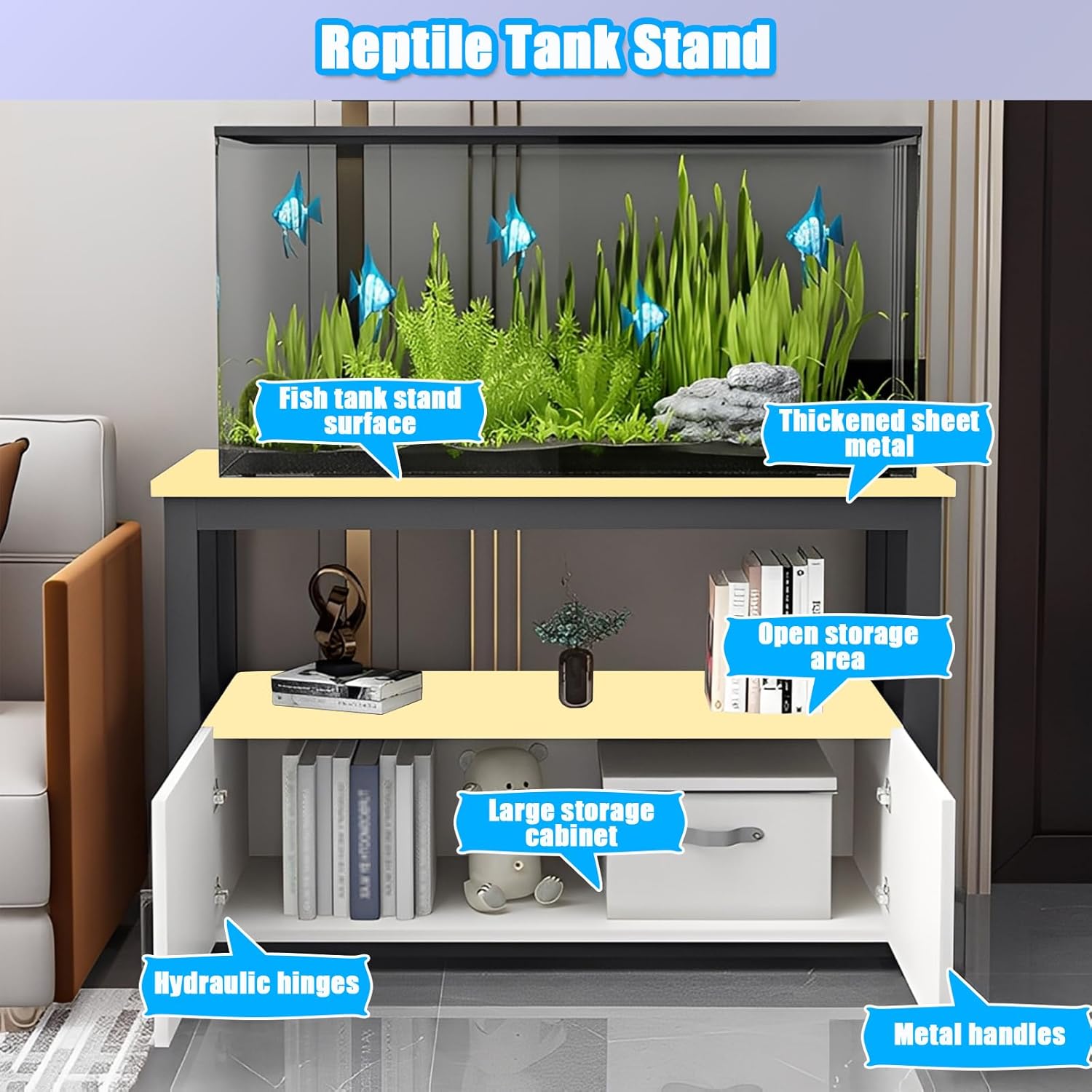 5-75Gallon Aquarium Stands,3 Tier Metal Frame Fish Tank Stand with Cabinet Storage,Reptile Tank Stand for Home Living Room Bedroom Office,2200LBS Capacity (Black+Light Mahogany, L27.6″*W17.7″*H23.6″)