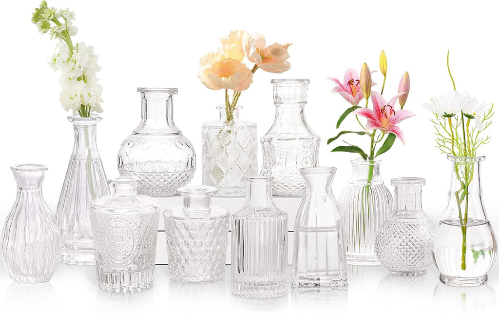 Glass Bud Vases Set of 12, Vintage Small Vases for Flowers, Clear Crystal Mini Glasses in Bulk, Small Flower Design for Centerpieces Wedding Decorations Home Flower Party Decor