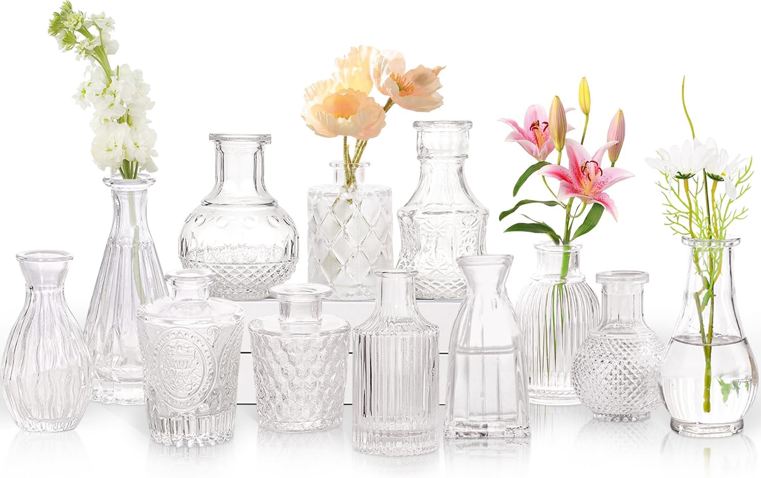 Glass Bud Vases Set of 12, Vintage Small Vases for Flowers, Clear Crystal Mini Glasses in Bulk, Small Flower Design for Centerpieces Wedding Decorations Home Flower Party Decor