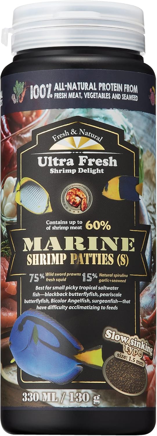 Ultra Fresh Marine Fish Food, 75% Sword Prawns + Squids, Natural Protein, Color Enhancement, for Small Saltwater Fish, Marine Shrimp Patties S 4.56oz