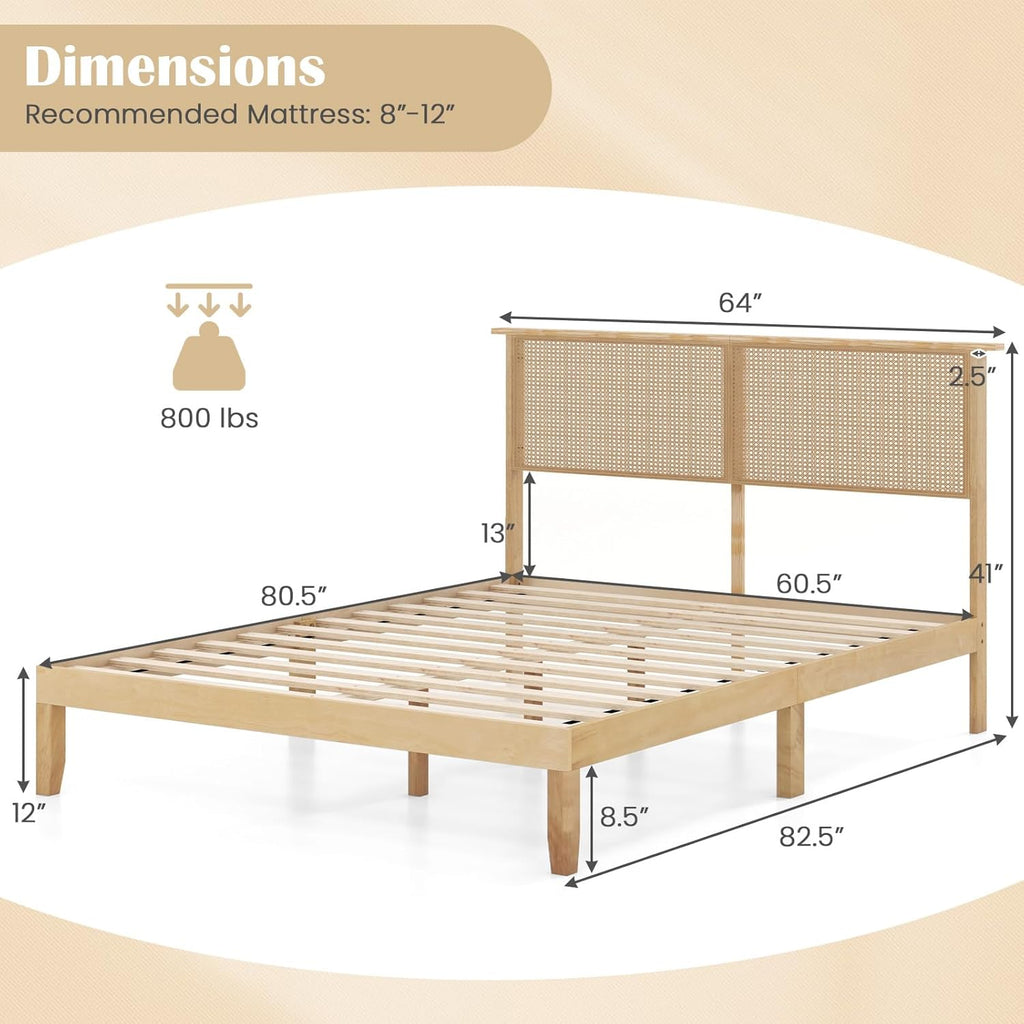 Giantex Queen Size Rattan Bed Frame with Rattan Headboard, Boho Solid Wood Platform Bed with Wooden Slats, 12 Inch Bed Frame Queen with Storage Underneath, No Box Spring Needed, Natural