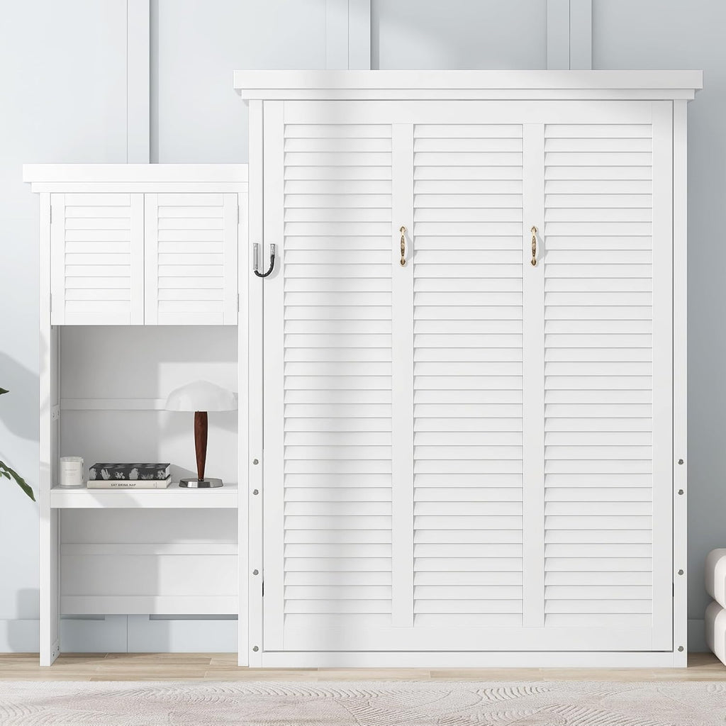 Merax Queen Size Murphy Bed with Multiple Storage Shelves,Wall Bed with Louvered Style Decoration,White