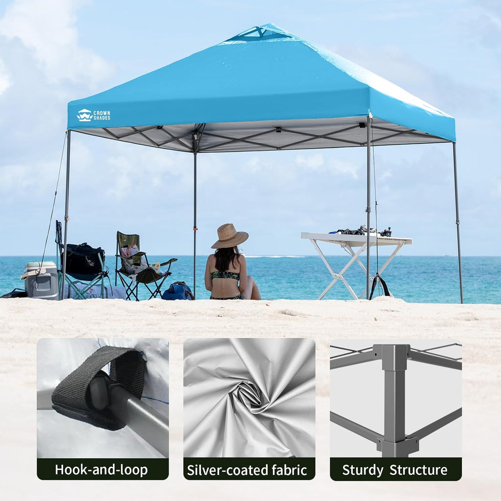 CROWN SHADES Adjustable Height on The Fly, 10x10 Pop Up Canopy - Beach Tent with One Push Setup - Easy Outdoor Sun Shade for Events, Parties, Camping - Outside Shade with STO-N-Go Bag, Sky Blue