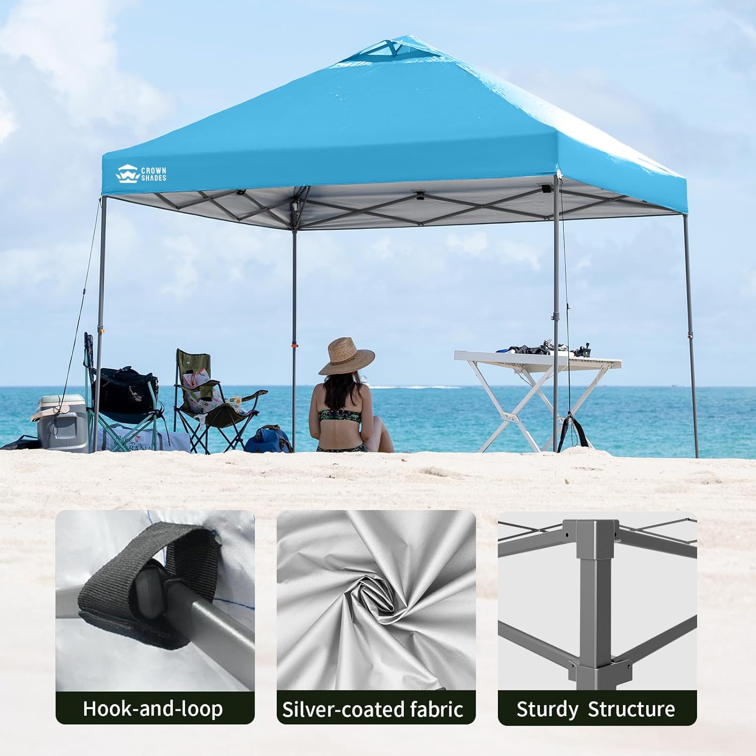 CROWN SHADES Adjustable Height on The Fly, 10x10 Pop Up Canopy - Beach Tent with One Push Setup - Easy Outdoor Sun Shade for Events, Parties, Camping - Outside Shade with STO-N-Go Bag, Sky Blue