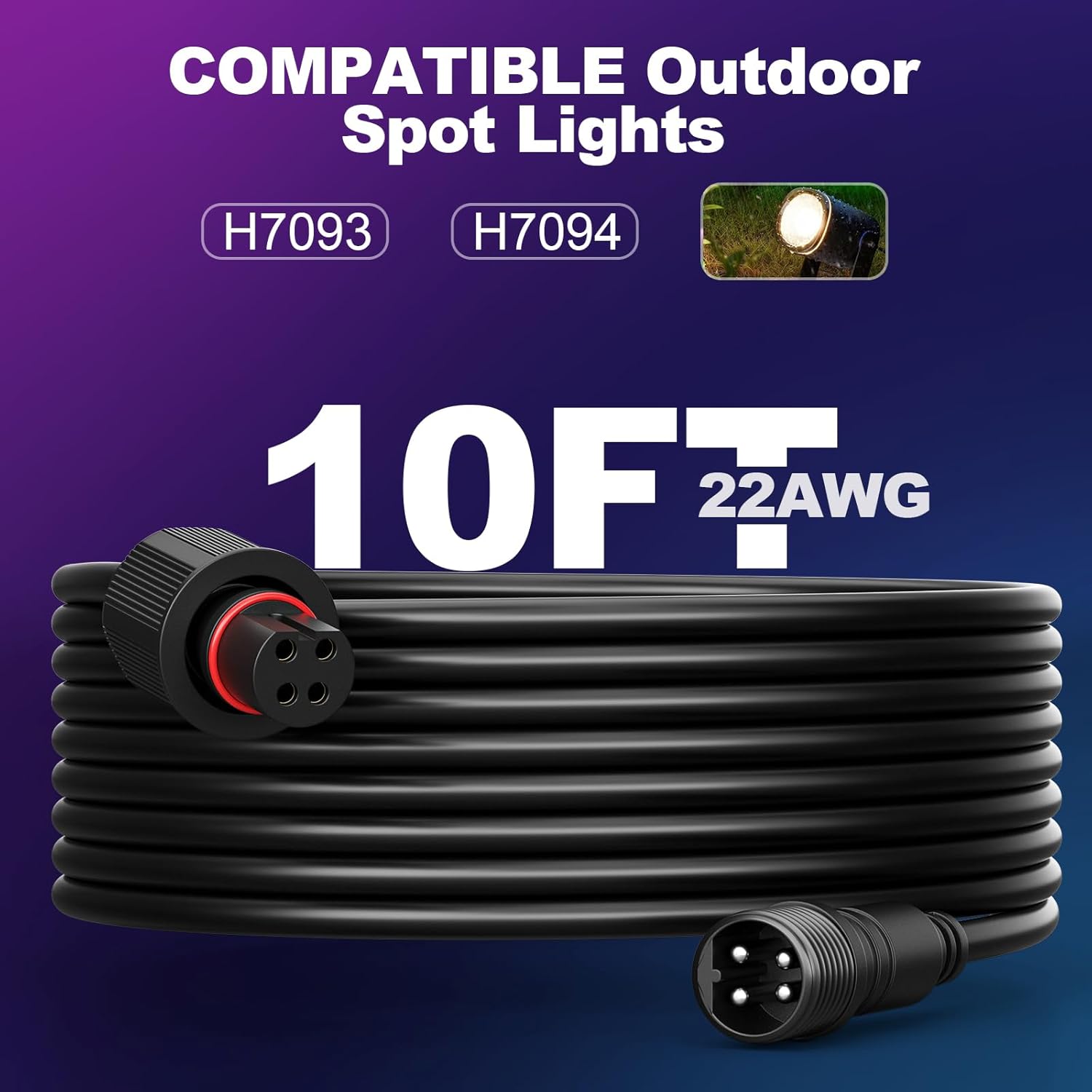 10FT Outdoor Extension Cable for Go-ee Outdoor Spot Lights 2, IP68 Waterproof Extension Cord Compatible with Go*ee ‎H7093 H7094-4 Pin Plug Patio Decorations