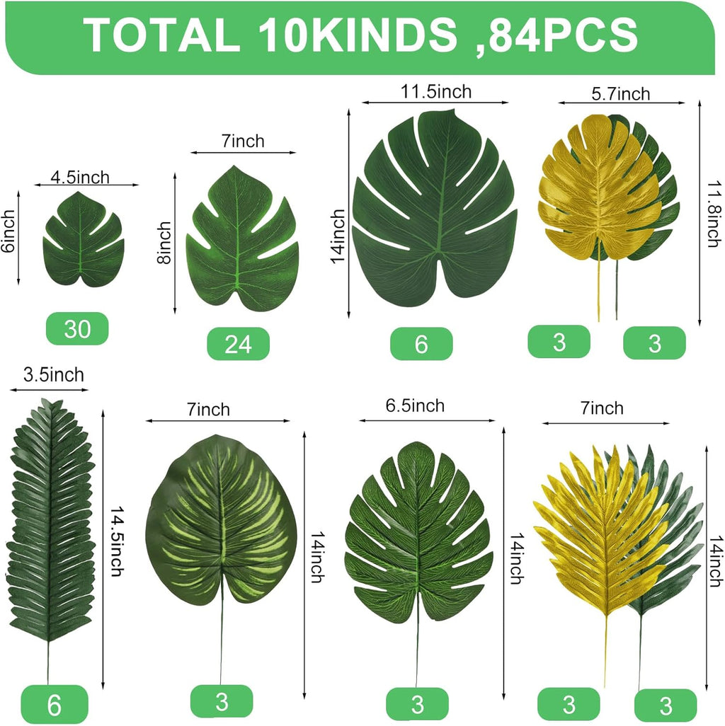 84 Pieces 10 Kinds Artificial Tropical Palm Leaves Safari Jungle Leaves with Stems Golden Leaf Decorations for Hawaiian Luau Party Beach Baby Shower Birthday Theme Table Wedding Decorations