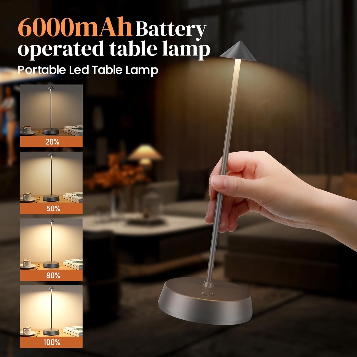 Cordless Table Lamp Rechargeable, Battery Operated 6000mAh Desk Lamp Touch Dimmable Lamp Outdoor Waterproof Portable Wireless Table Light for Dining Restaurant Bar/Outdoor (Gray)