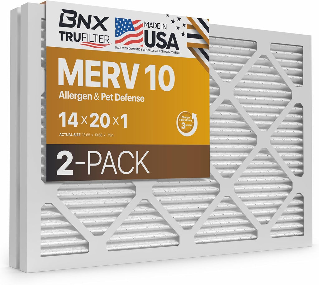 BNX TruFilter 14x20x1 MERV 10 (2-Pack) AC Furnace Air Filter - MADE IN USA - Pleated Air Conditioner HVAC AC Furnace Filters - Removes Odor, Mold, Bacteria, Smoke