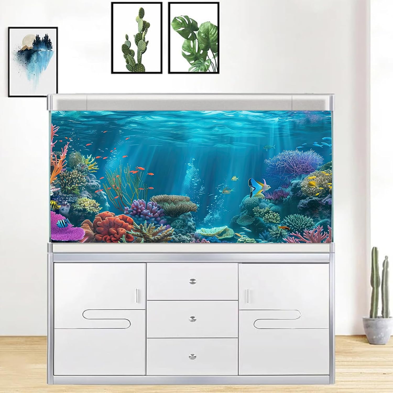 iTapnoom Ocean Floor Aquarium Background, Underwater Tropical Fish Coral Reef Aquatic Nature Plant Fish Tank Backdrop Decor, Polyester Fabric with 6 EVA Double-Sided Tapes 48x24 inches/120x60cm