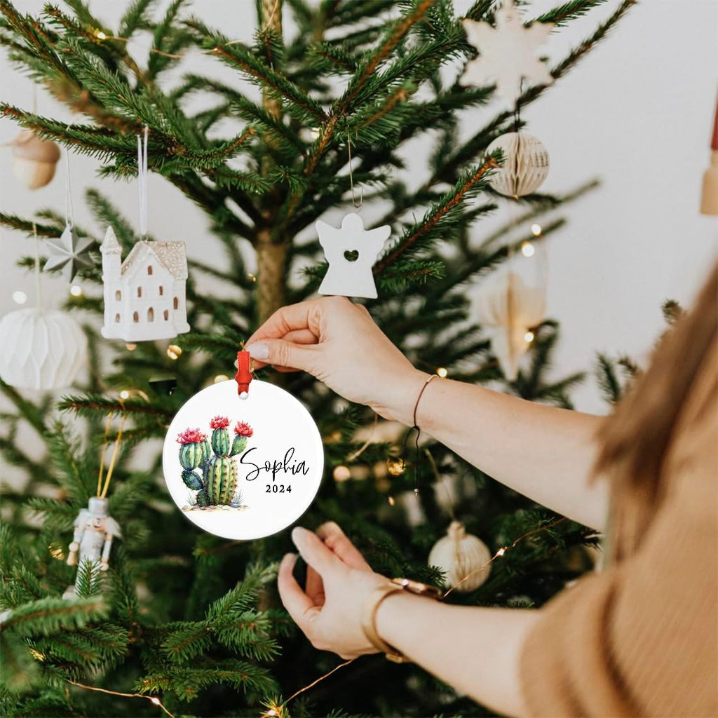 Andaz Press 2.8" Ceramic Porcelain Personalized Christmas Cactus Ornament, Baby Cactus Design, Custom Cactus Christmas Ornaments, Succulent Ornament Cactus Decor, Custom Name Ornament with Ribbon