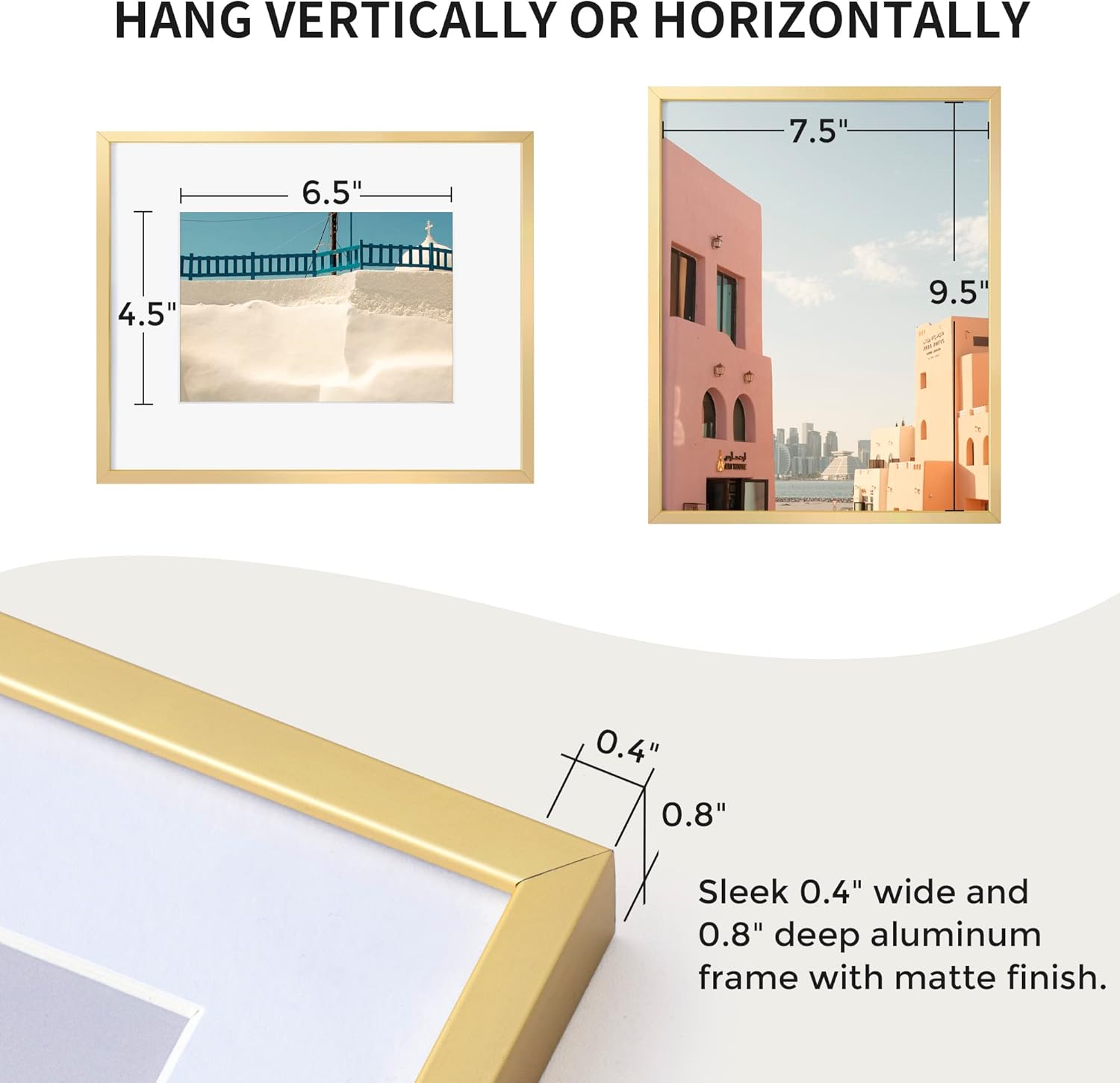 Fun Memories 8x10 Inch Metal Picture Frame - Aluminum Photo Frames - 5x7 Mat - Ideal for Wall or Tabletop Display - Wall Hook Hanging Hardware Included - Set of 3 - Glod