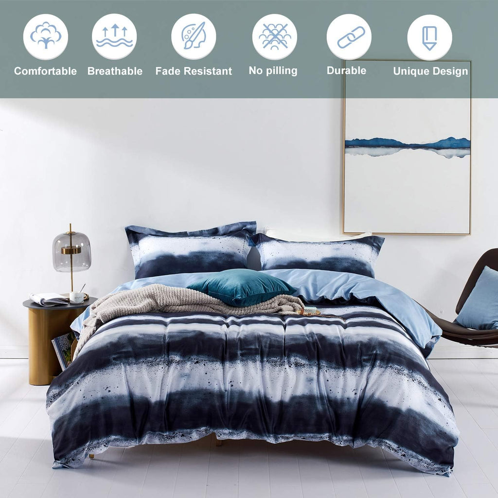 MILDLY 100% Long-Staple Cotton Duvet Cover Set Navy & White Striped Watercolor Pattern Printed Comforter Cover 2pcs, Ultra Soft & Breathable Bedding Set