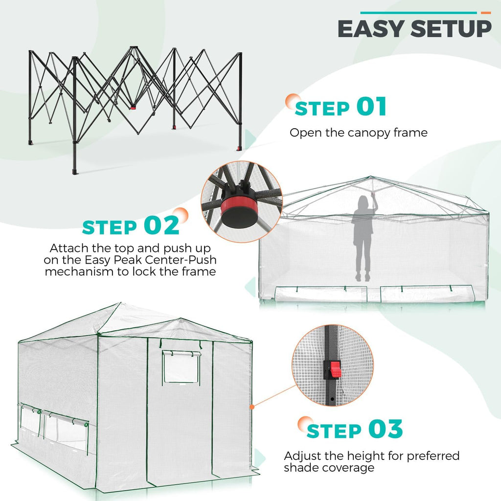 EAGLE PEAK Instant Pop-up Greenhouse, Indoor Outdoor Plant Gardening Green House, Roll-Up Zipper Doors & Side Windows - Winter Support Pole, Walk in 12x8 ft, White/Clear